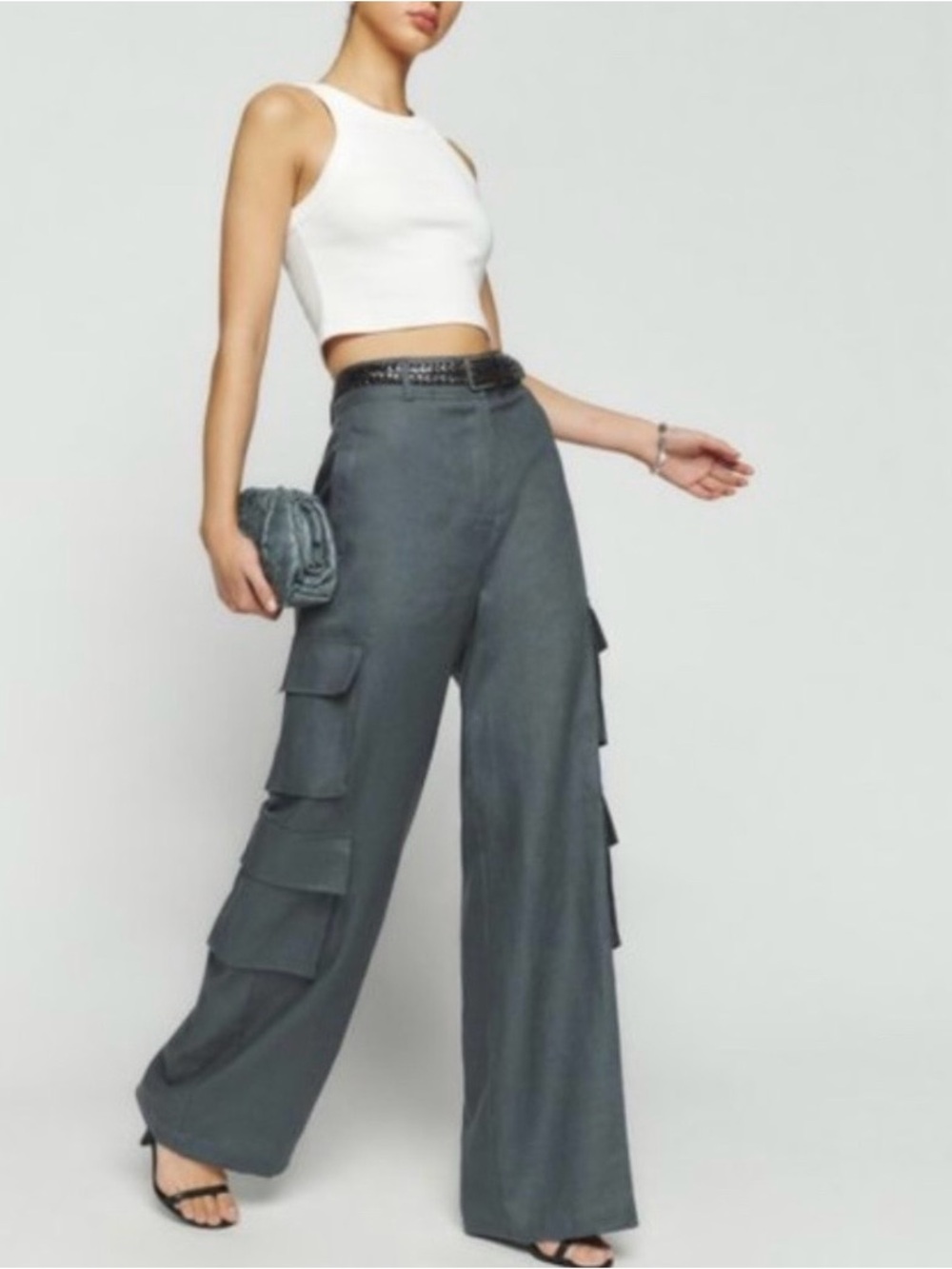Reformation Mateo Linen Wide-Leg
Cargo Trousers (Slate Gray) Size 8